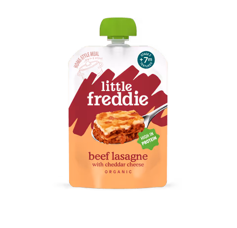 Little Freddie home-style meal pouch of beef lasagne with cheddar cheese, labeled high in protein for 7 months and older.