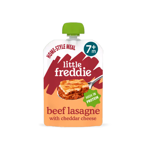 Little Freddie home-style meal pouch of beef lasagne with cheddar cheese, labeled high in protein for 7 months and older.