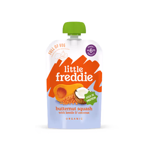 Little Freddie butternut squash baby food pouch with lentils and coconut for ages 6 months and up, labeled full of veg and high in protein.