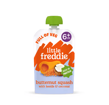 Little Freddie butternut squash baby food pouch with lentils and coconut for ages 6 months and up, labeled full of veg and high in protein.