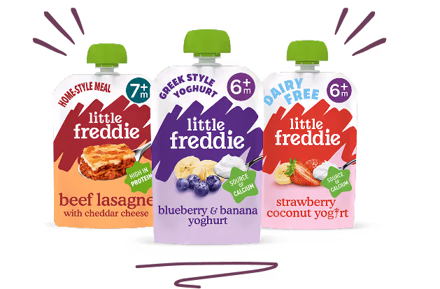 Three Little Freddie baby food pouches: beef lasagne with cheddar cheese, blueberry & banana yoghurt, and dairy-free strawberry coconut yoghurt.