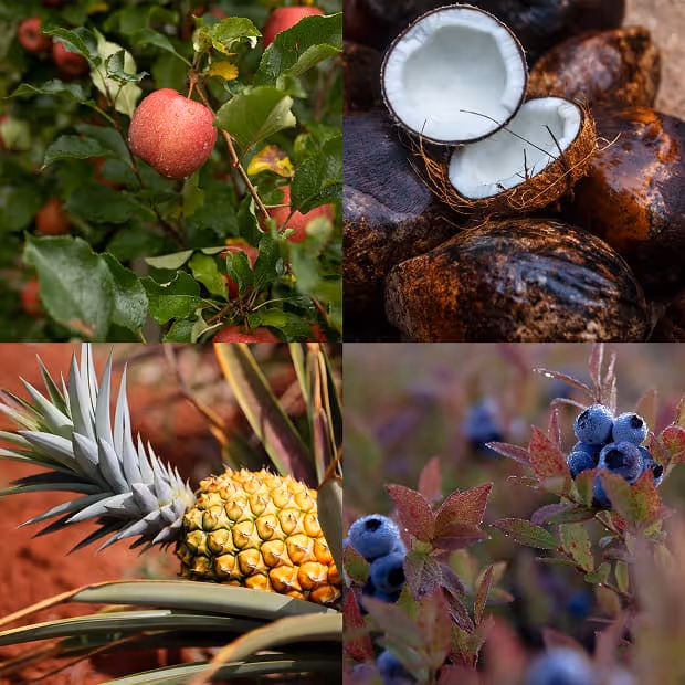 Collage of four fruits: a red apple on a tree, a halved coconut on coconuts, a ripe pineapple growing, and blueberries on branches.