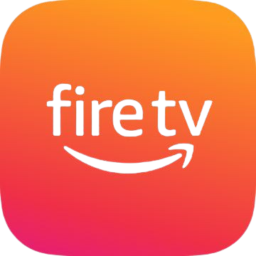 Amazon Fire TV logo with black text and curved arrow on an orange to pink gradient rounded square background.