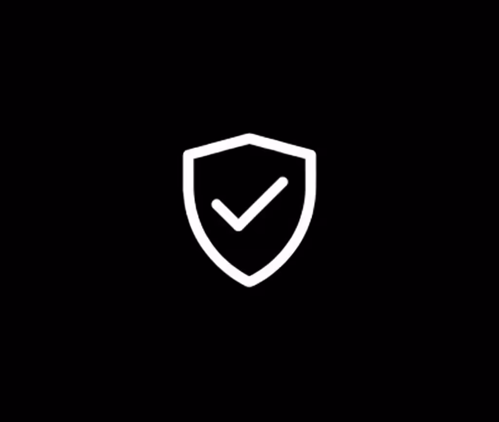 White shield outline with a checkmark inside on a black background, symbolizing security or protection.