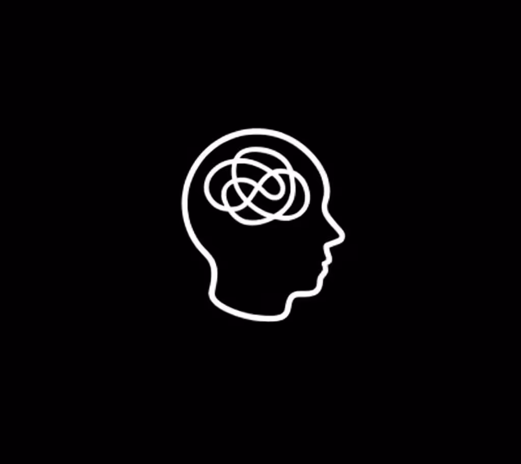 Outline of a human head with a tangled line inside representing a confused or jumbled mind.