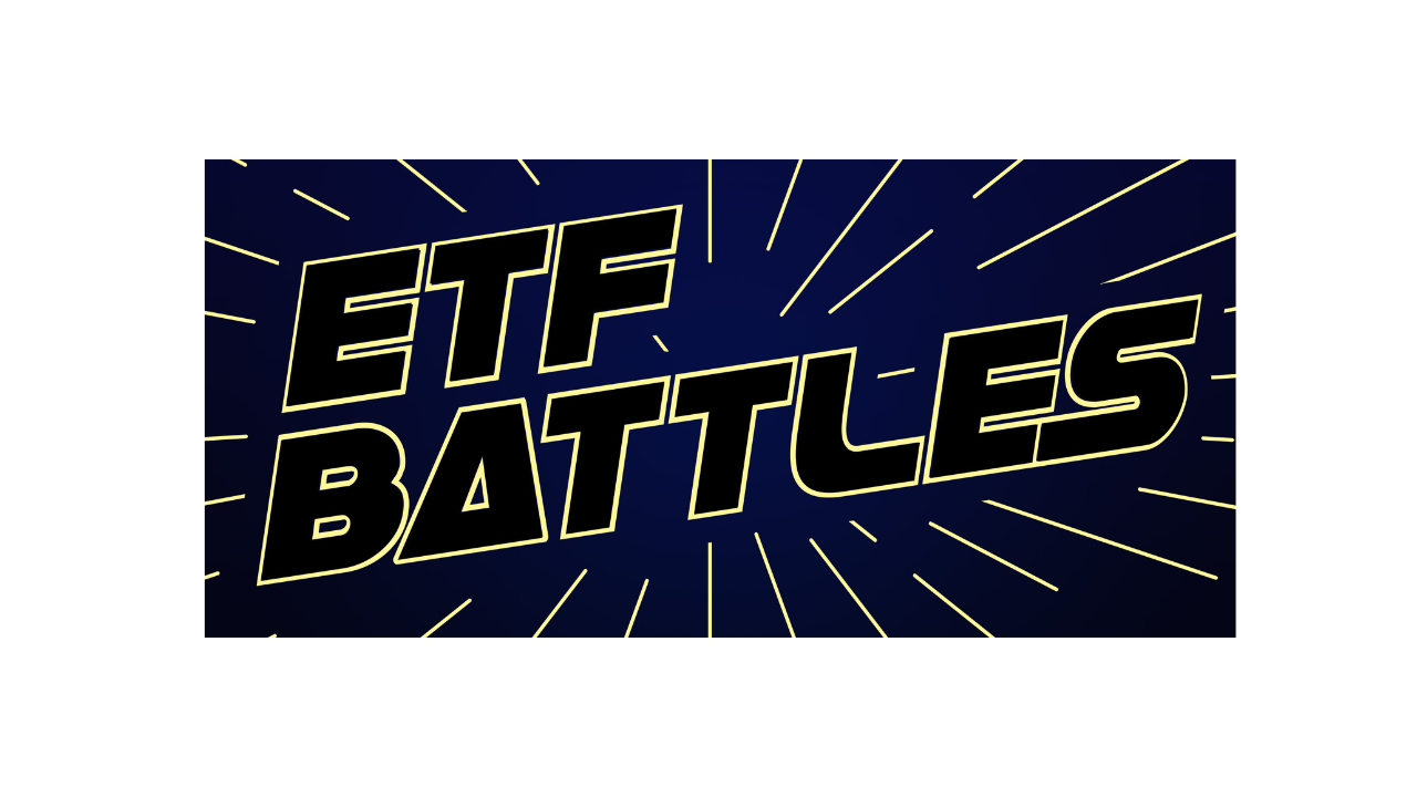 Text reading 'ETF BATTLES' in bold font with yellow outline on a dark blue background with radiating yellow lines.