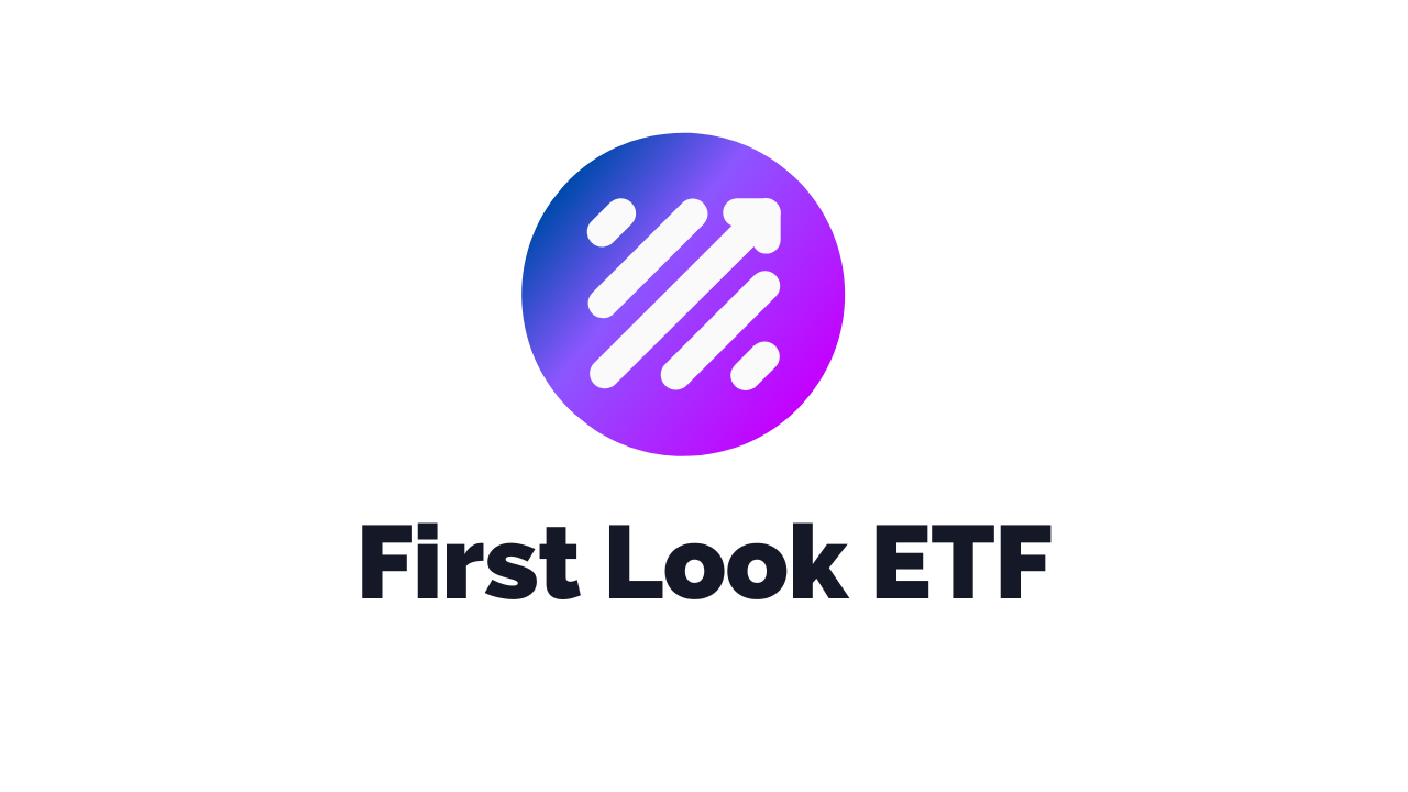 Gradient purple and blue circle with white diagonal lines and arrow pointing upward, above the text 'First Look ETF'.