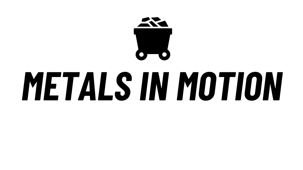 Black mining cart filled with metal chunks above bold text reading Metals in Motion.
