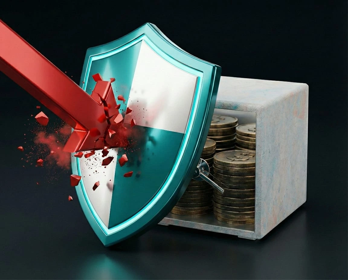 Red arrow smashing a blue and silver shield protecting a safe filled with stacked gold coins.