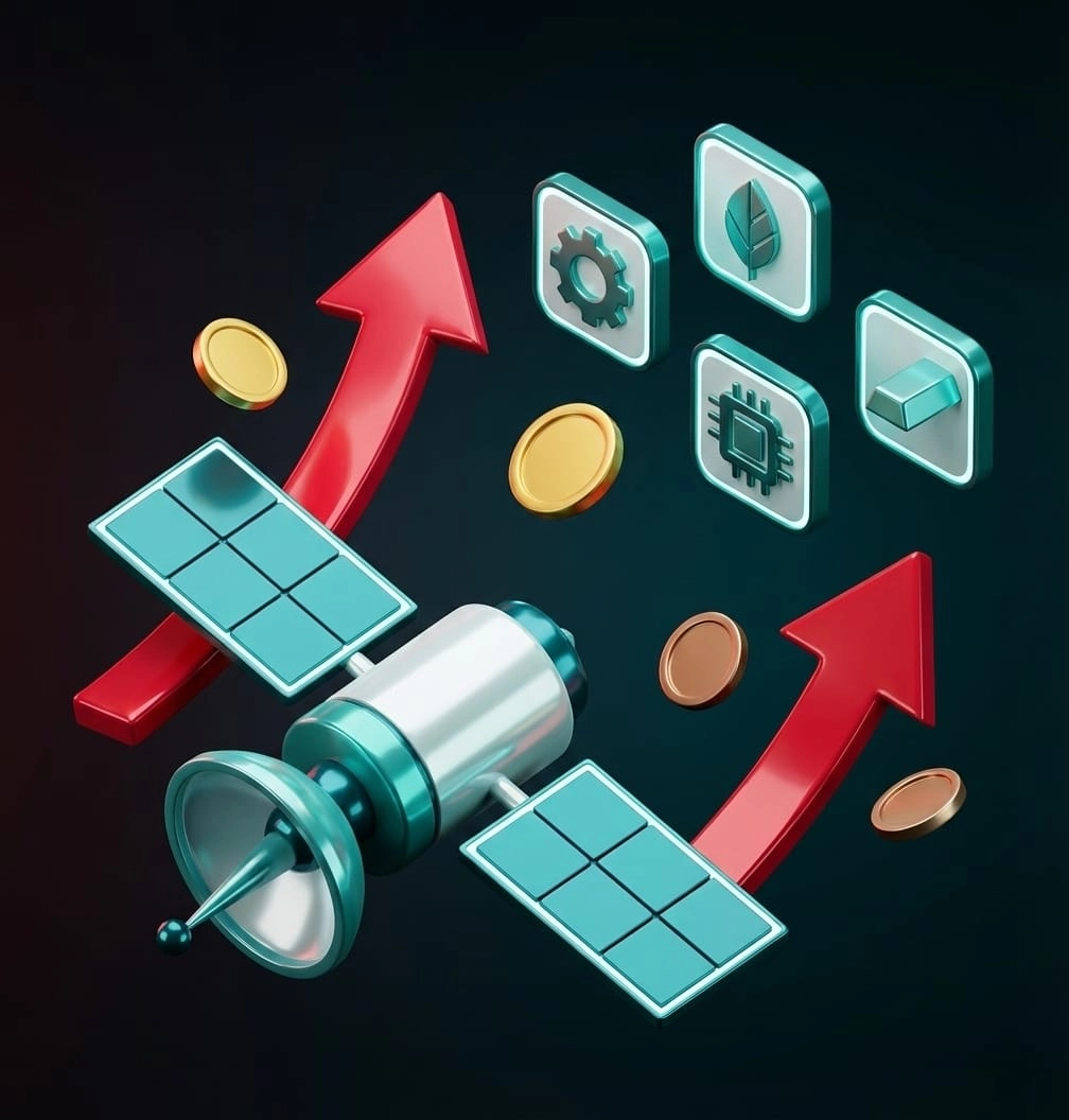 3D illustration of a satellite with solar panels alongside red upward arrows, coins, and icons representing technology and sustainability.