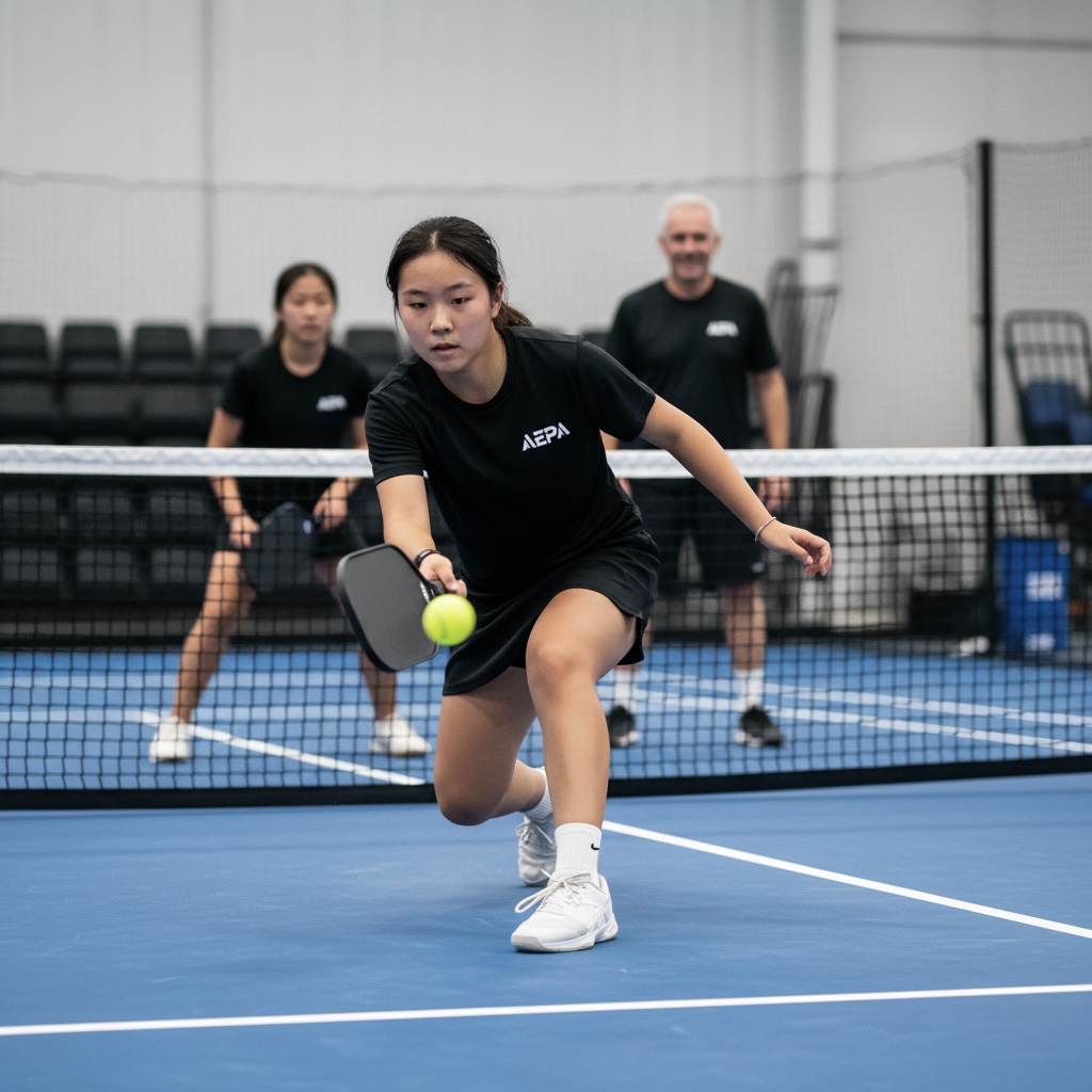 Young woman lunging to hit a yellow pickleball ball with a paddle on an indoor court, with two players watching in the background.
