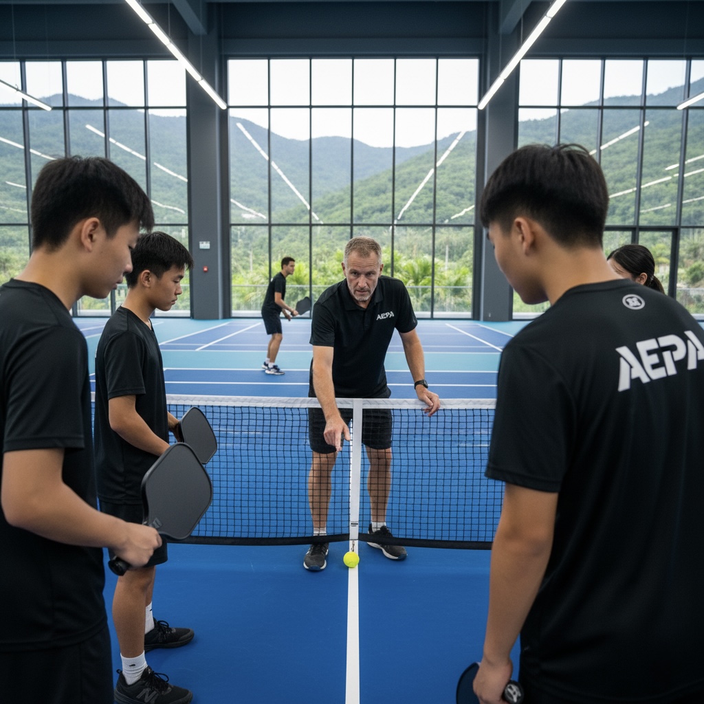 Coach instructing four young players on a blue indoor pickleball court with mountains visible through large windows.