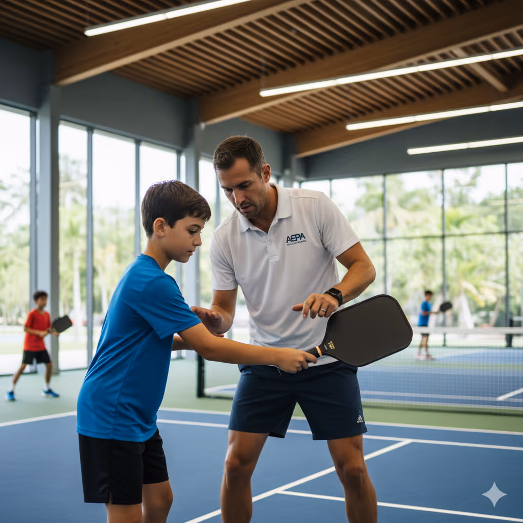 Coach wearing white AEPA shirt teaching a young boy in blue how to hold a pickleball paddle indoors.