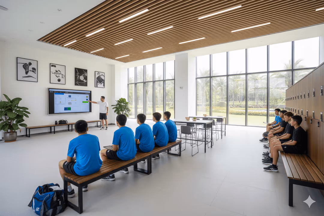 Young athletes in blue and black sportswear seated on benches while a coach points at a large screen in a modern, sunlit training room with tall windows and wooden ceiling panels.