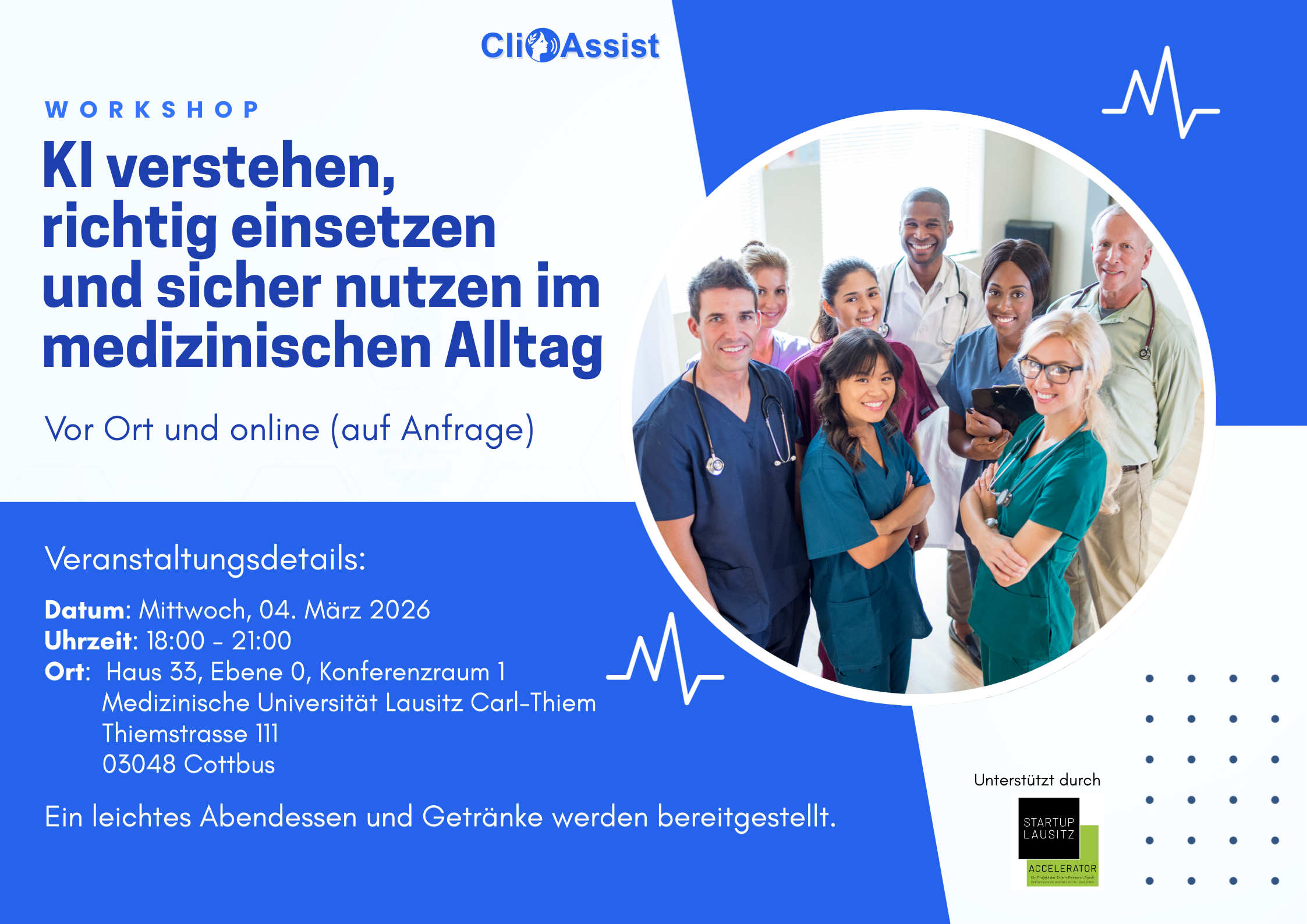 Workshop-Grafik: KI für Arztpraxen am 10. Januar 2026 in Berlin – Effiziente klinische Dokumentation und Arztentlastung mit ClioAssist.