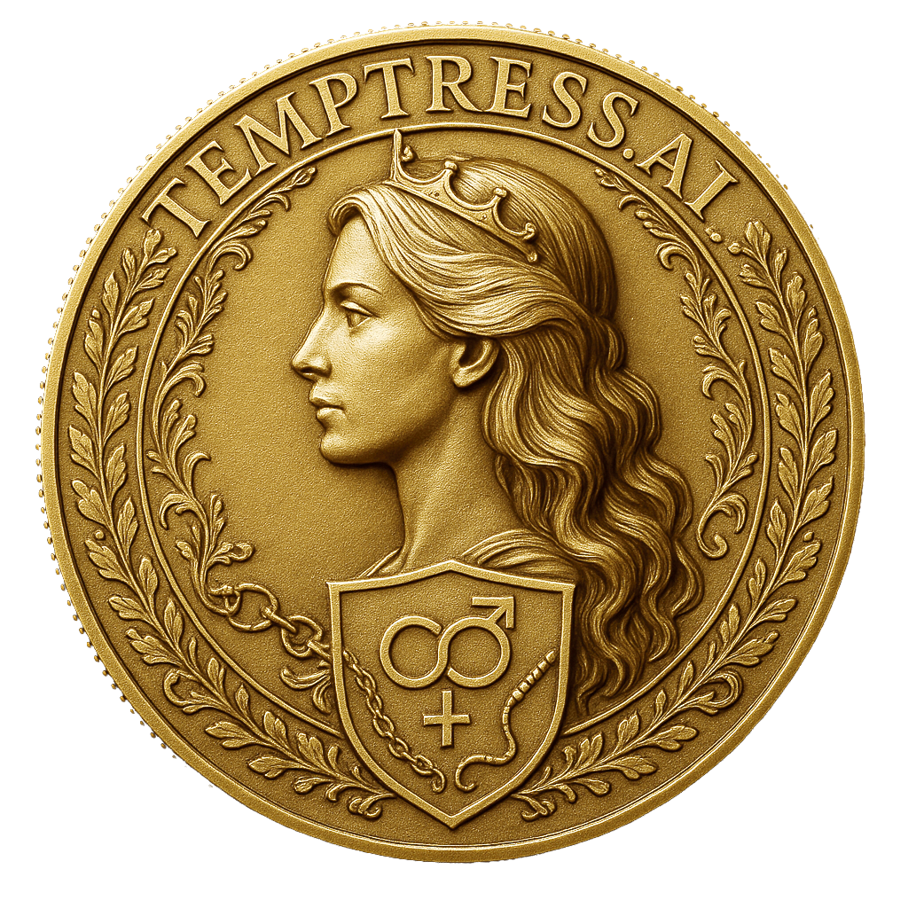 Obverse of the 10 Aurex gold coin from the Temptress Kingdom, showing the crowned female sovereign in neoclassical relief, surrounded by ornate laurel filigree and engraved Temptress.AI inscription in Cinzel font.