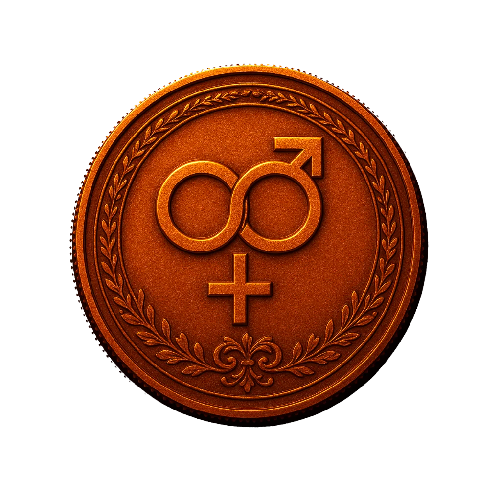 Reverse of the 1 Sigil bronze coin, showing delicate embossed logo on a warm patinated surface.