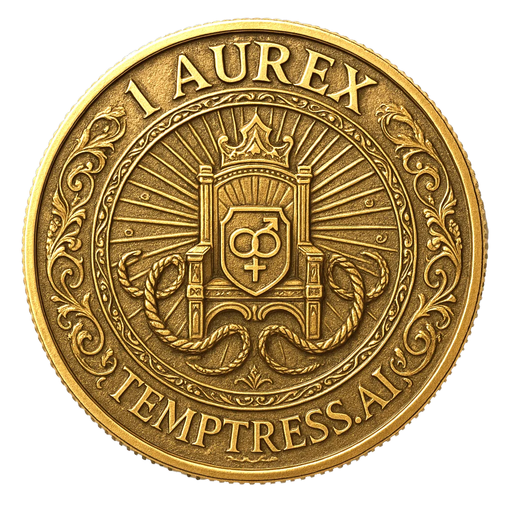 Back of 1 Aurex — finely engraved protective filigree on antique gold, representing the highest denomination in the Temptress monetary system.
