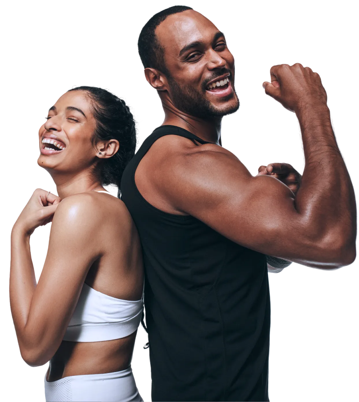 A fit, smiling couple stands back-to-back, showcasing their toned muscles. The woman is wearing a white sports bra, while the man is wearing a black sleeveless athletic top. Both are looking over their shoulders with joyful expressions.