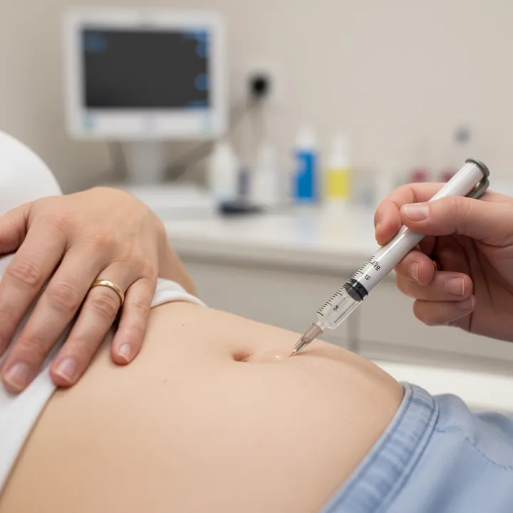 A person receiving an injection in the abdomen, possibly for medical purposes, with an injector pen; a medical monitor and supplies are visible in the background.