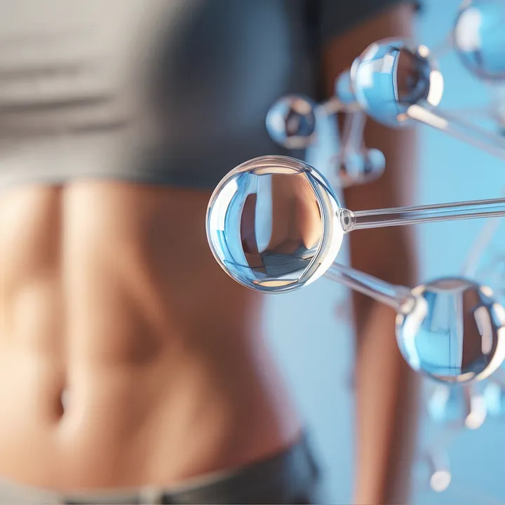 A close-up of a molecular structure model next to a blurred section of a person's toned midsection, highlighting a scientific or health-related theme.
