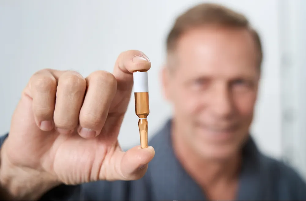 A middle-aged man holding a small vial with a golden cap and a white label, smiling and focusing on the vial.