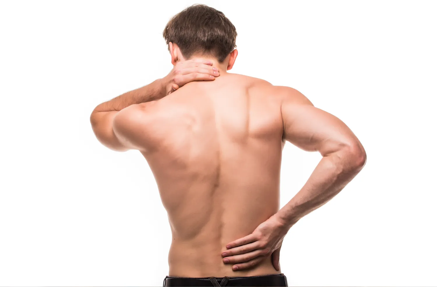 A shirtless man is seen from behind, holding his neck with one hand and his lower back with the other, suggesting pain or discomfort.