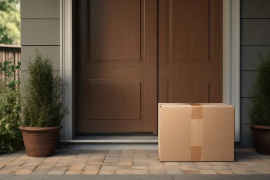 Closed brown double door with a sealed cardboard box placed on a tiled doorstep between two potted plants.