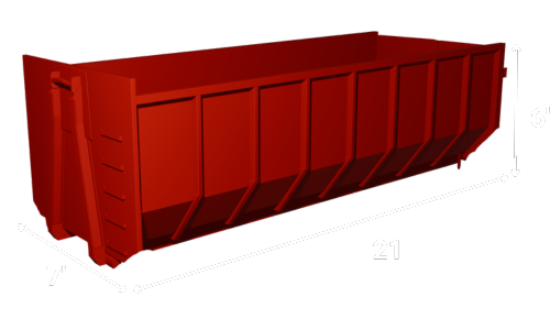 Red dumpster with dimensions labeled as 21 feet long, 7 feet wide, and 6 feet high.