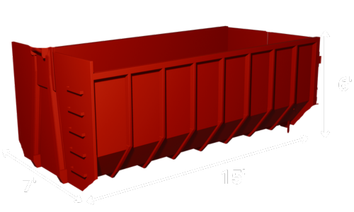 Red industrial dumpster with labeled dimensions: 15 feet long, 7 feet wide, and 6 feet tall.