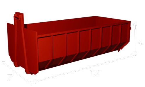 Red dumpster with dimensions labeled: 15 feet long, 7 feet wide, and 4 feet high.