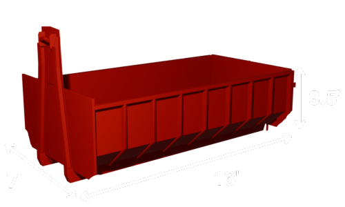 Red dumpster with dimensions labeled: 13 feet long, 7 feet wide, and 3.5 feet high.