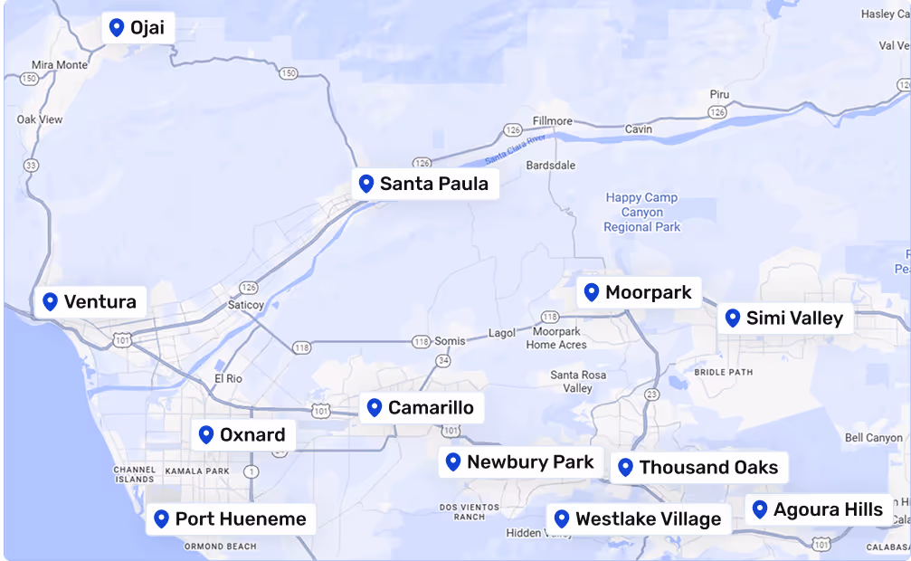 Map showing locations of cities in Ventura County, California including Ventura, Oxnard, Port Hueneme, Camarillo, Santa Paula, Ojai, Moorpark, Newbury Park, Thousand Oaks, Westlake Village, Agoura Hills, and Simi Valley.