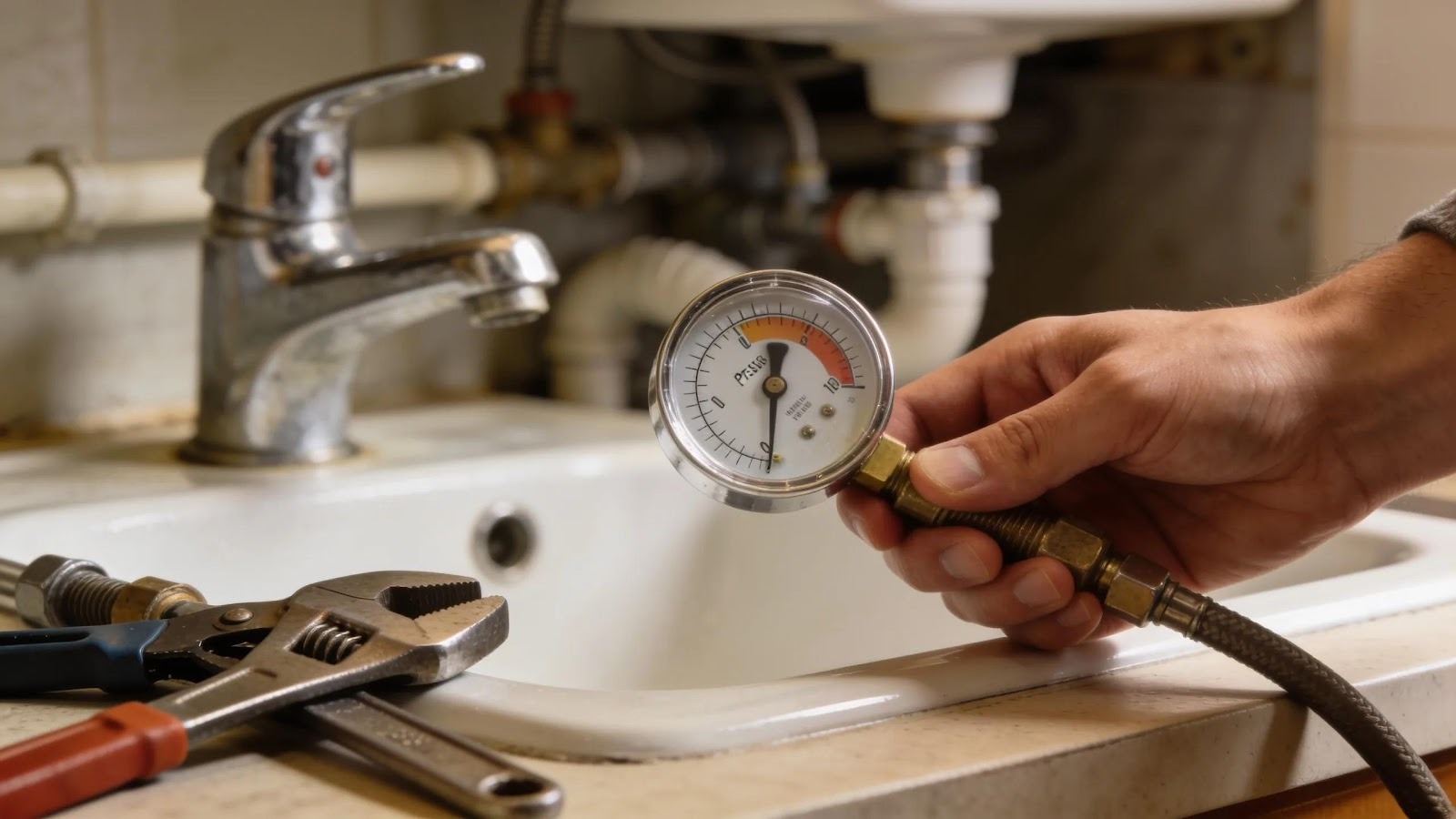 Close-up of a person holding a water pressure gauge while inspecting plumbing fixtures, illustrating diagnostic methods.