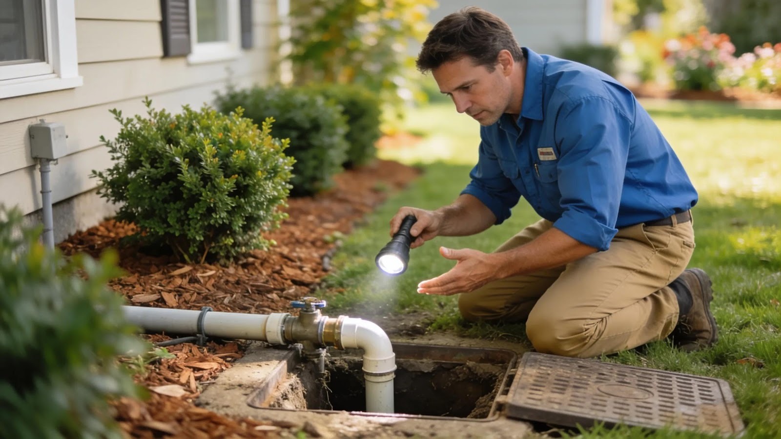 Homeowner inspecting outdoor plumbing and landscaping to prevent low water pressure issues.