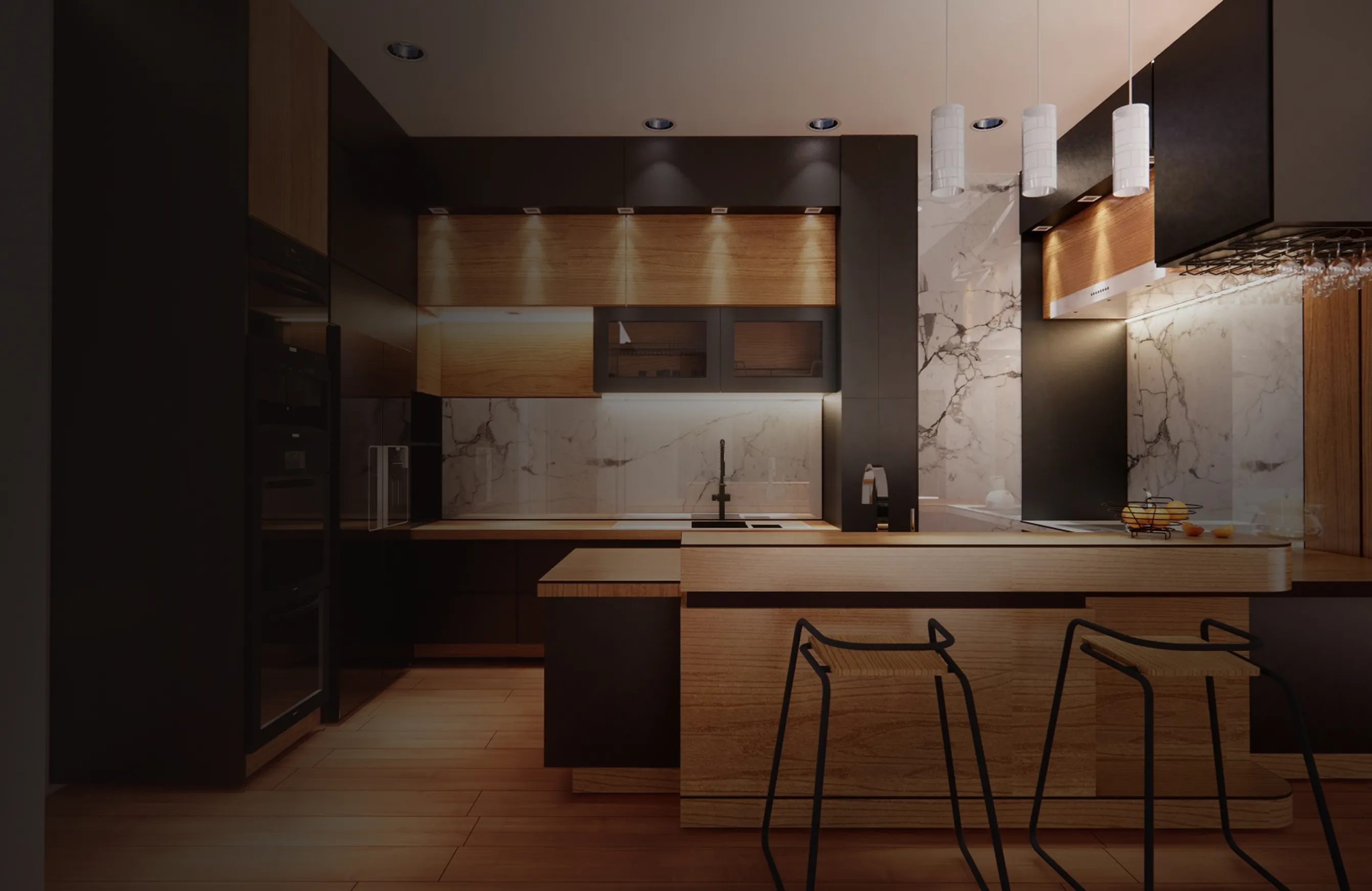 Modern kitchen interior with wooden cabinets, marble backsplash, island countertop, two stools, and pendant lighting.