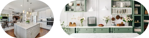 Side-by-side white and green kitchens with marble countertops and open shelving.