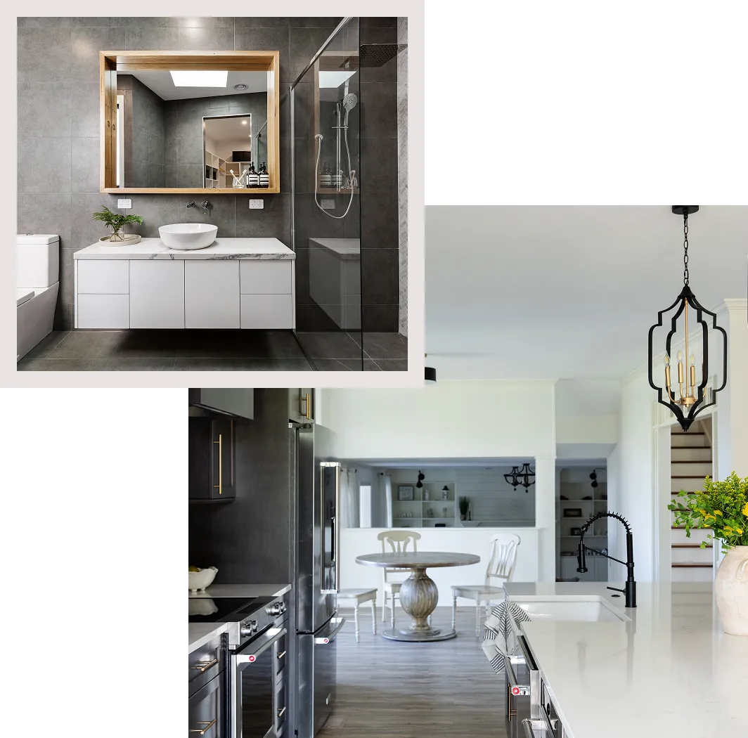 Modern bathroom with a white floating vanity and round vessel sink beside a glass-enclosed shower; kitchen with dark appliances, white island with black faucet, and dining area with round wooden table and chairs.