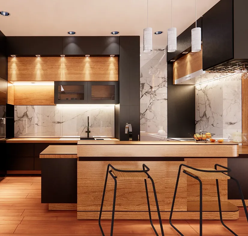 Contemporary kitchen remodel with wood cabinetry, black accents, and marble backsplash.