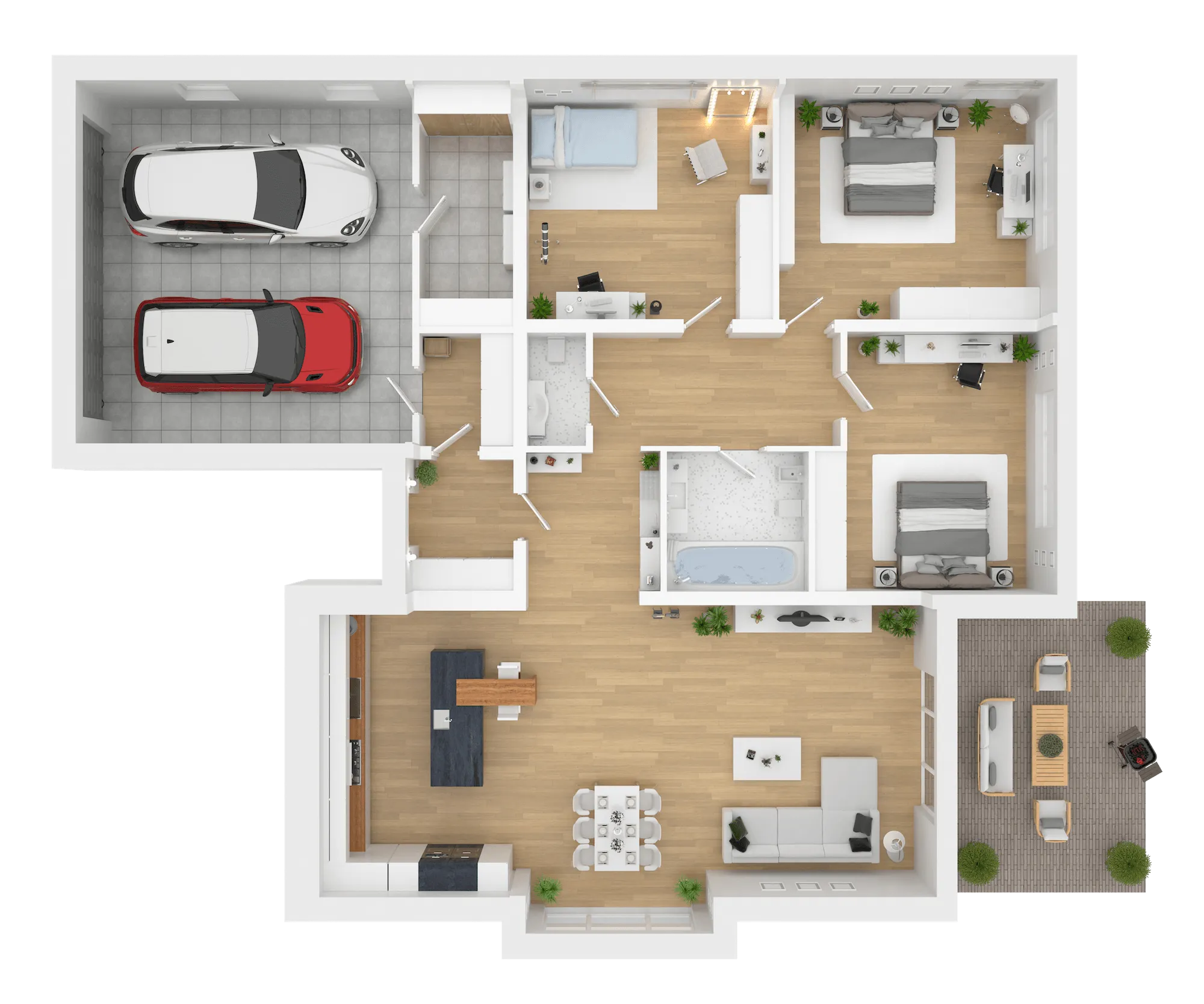 A detailed floor plan of a larger sized home (3 bedrooms, 2 bathrooms)