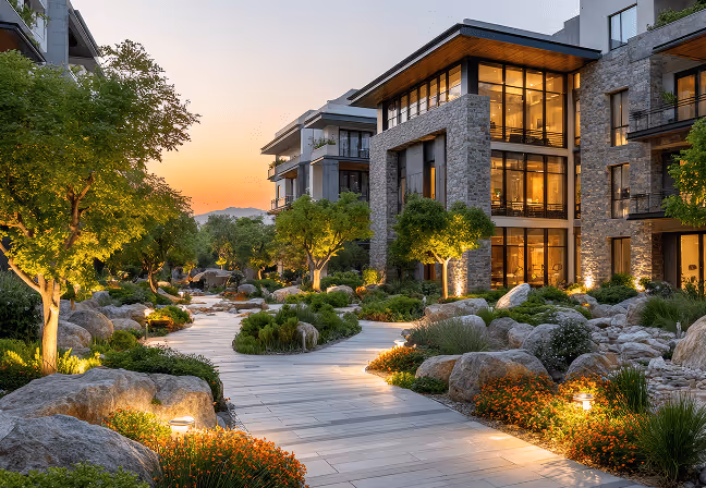 A walkway leads to a sleek, modern apartment building surrounded by greenery.