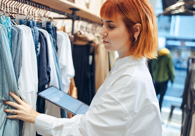 A woman examines various clothing items on a rack in a retail store.