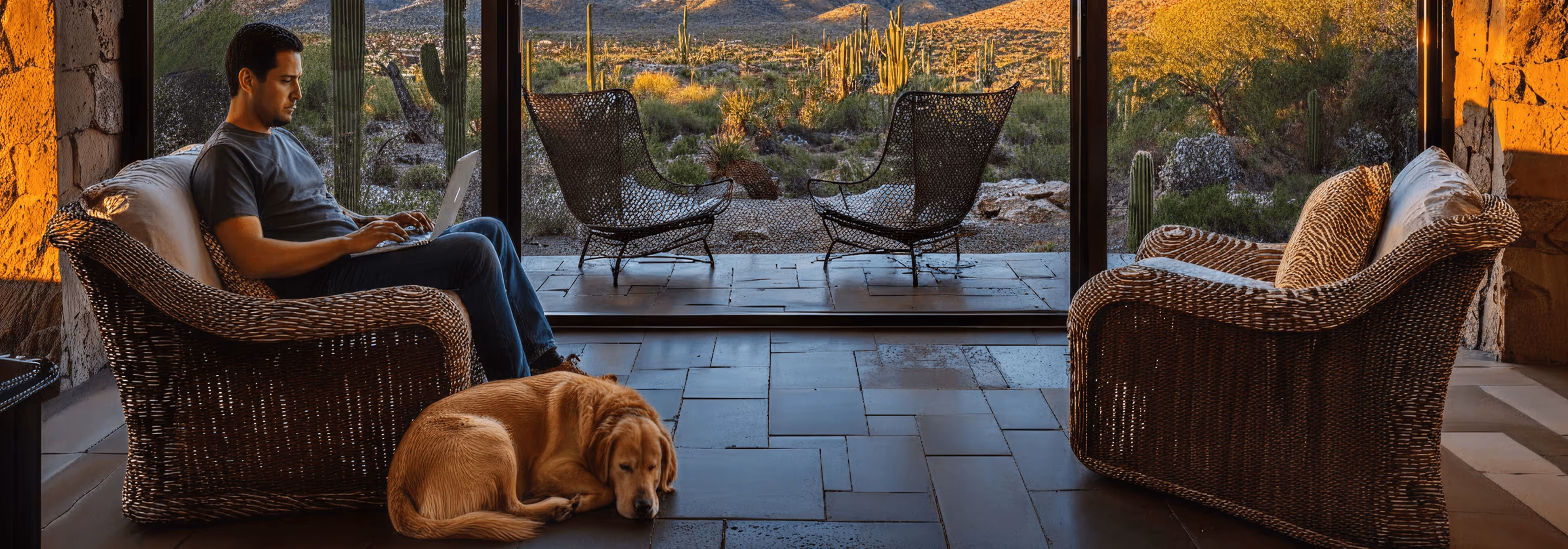 A man sits on a wicker chair using a laptop while a dog lies on the floor; large windows reveal a desert landscape outside.