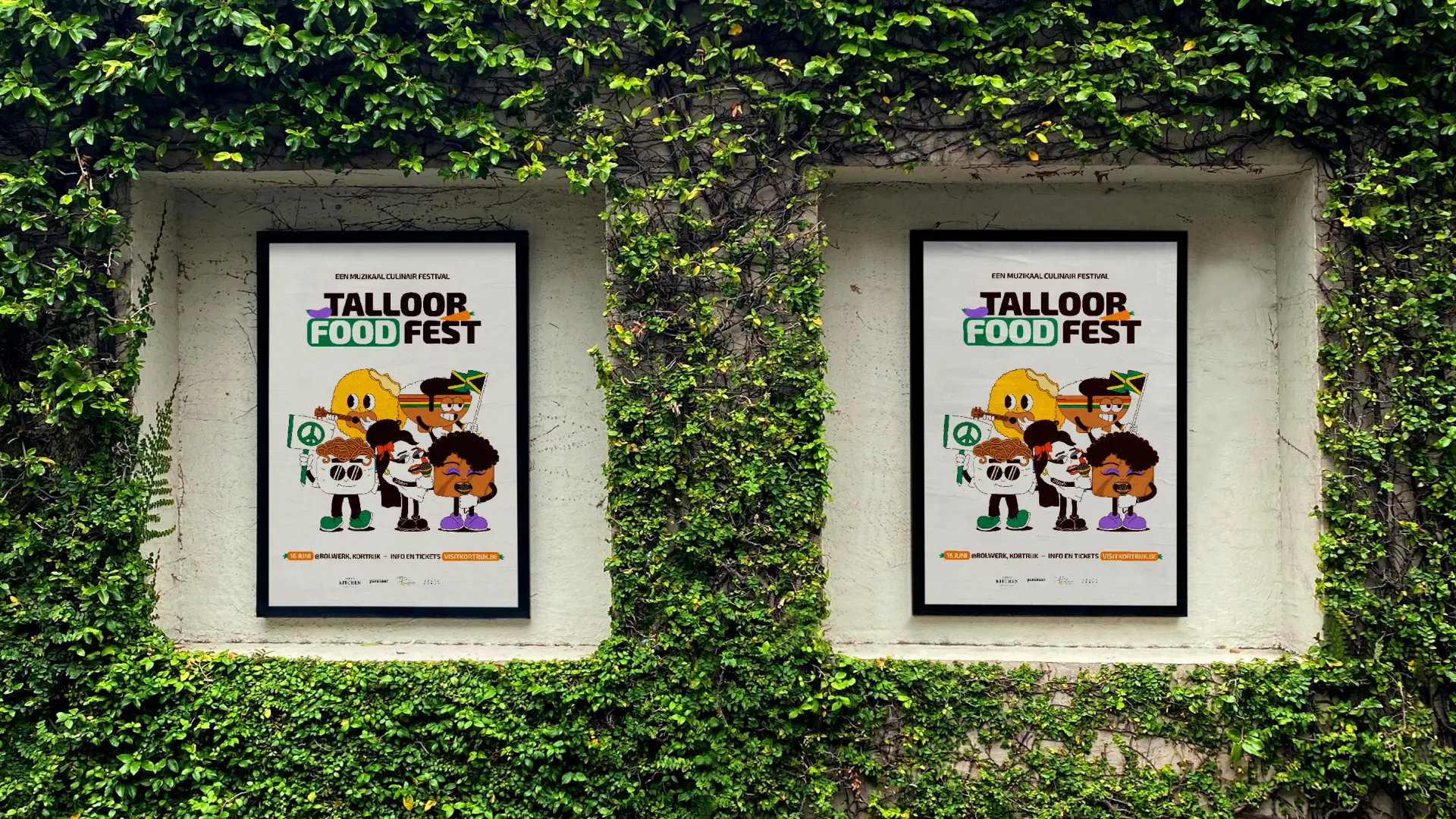 Het ontwerp van een poster te zien op een muur