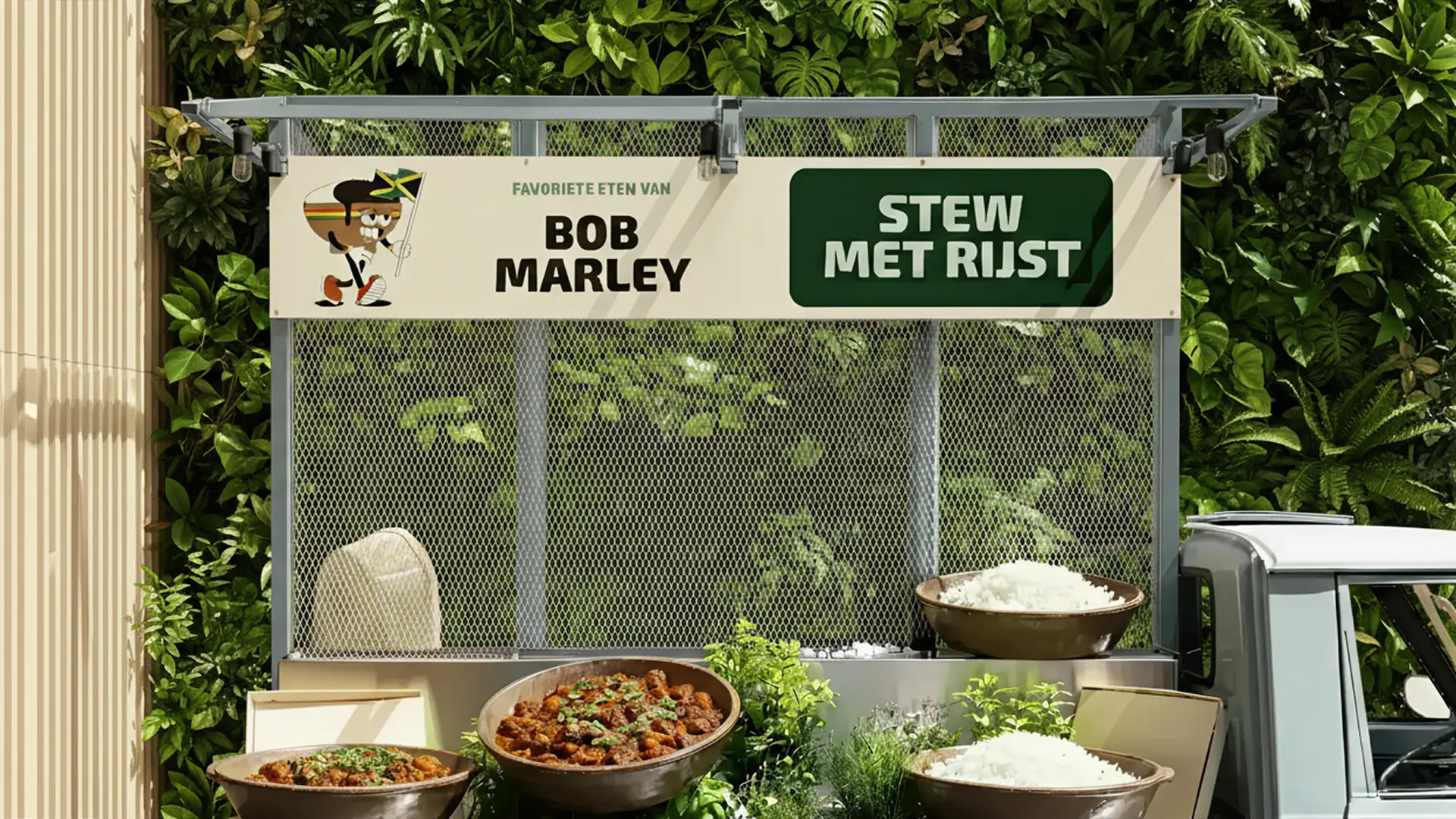 Het ontwerp van een food stand met het lievelingseten van Bob Marley, nl. Stew met rijst