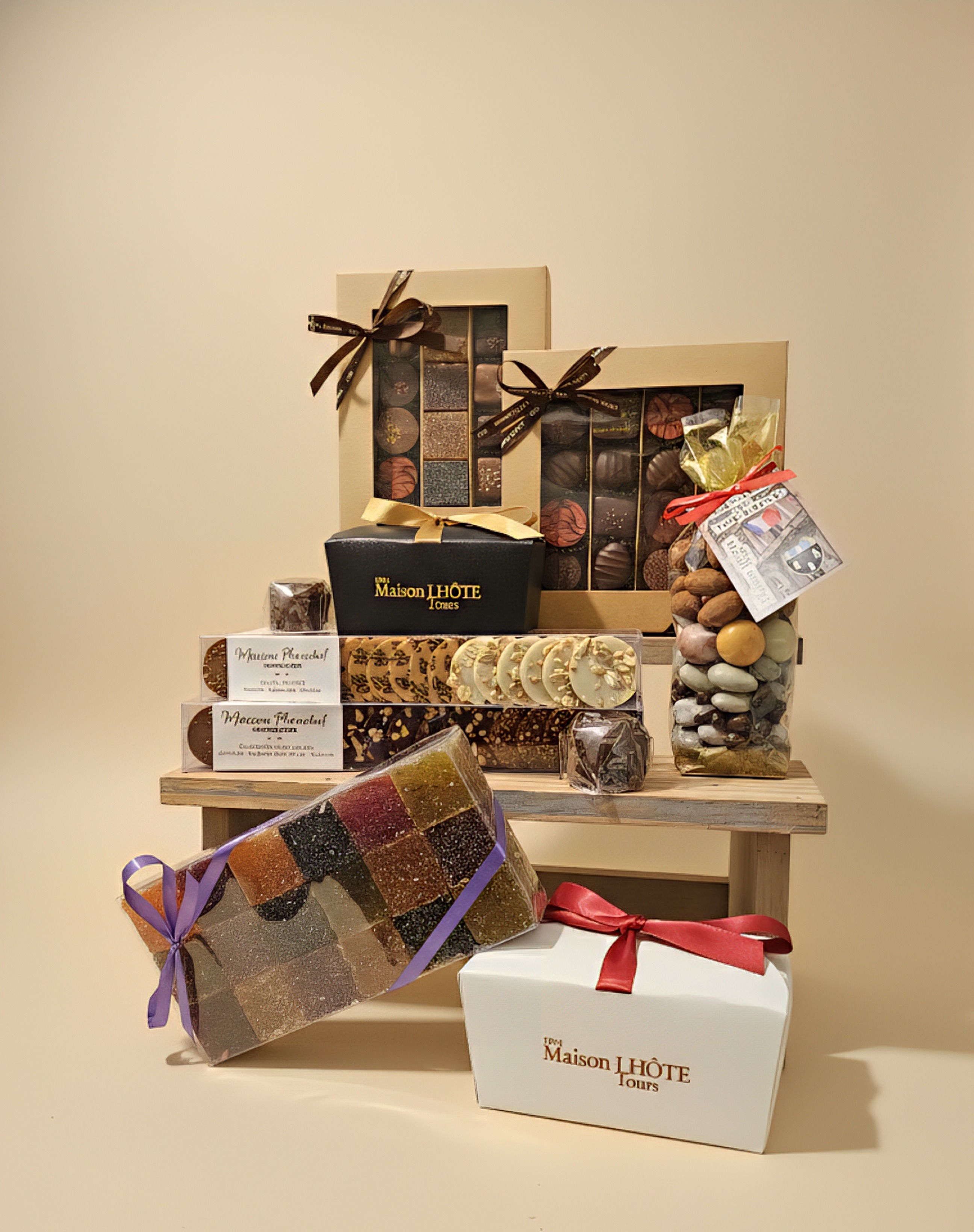 Assortiment de chocolats fins et confiseries Maison Lhote : coffrets cadeaux, pâtes de fruits artisanales et galets de chocolat pour la boutique de Tours.