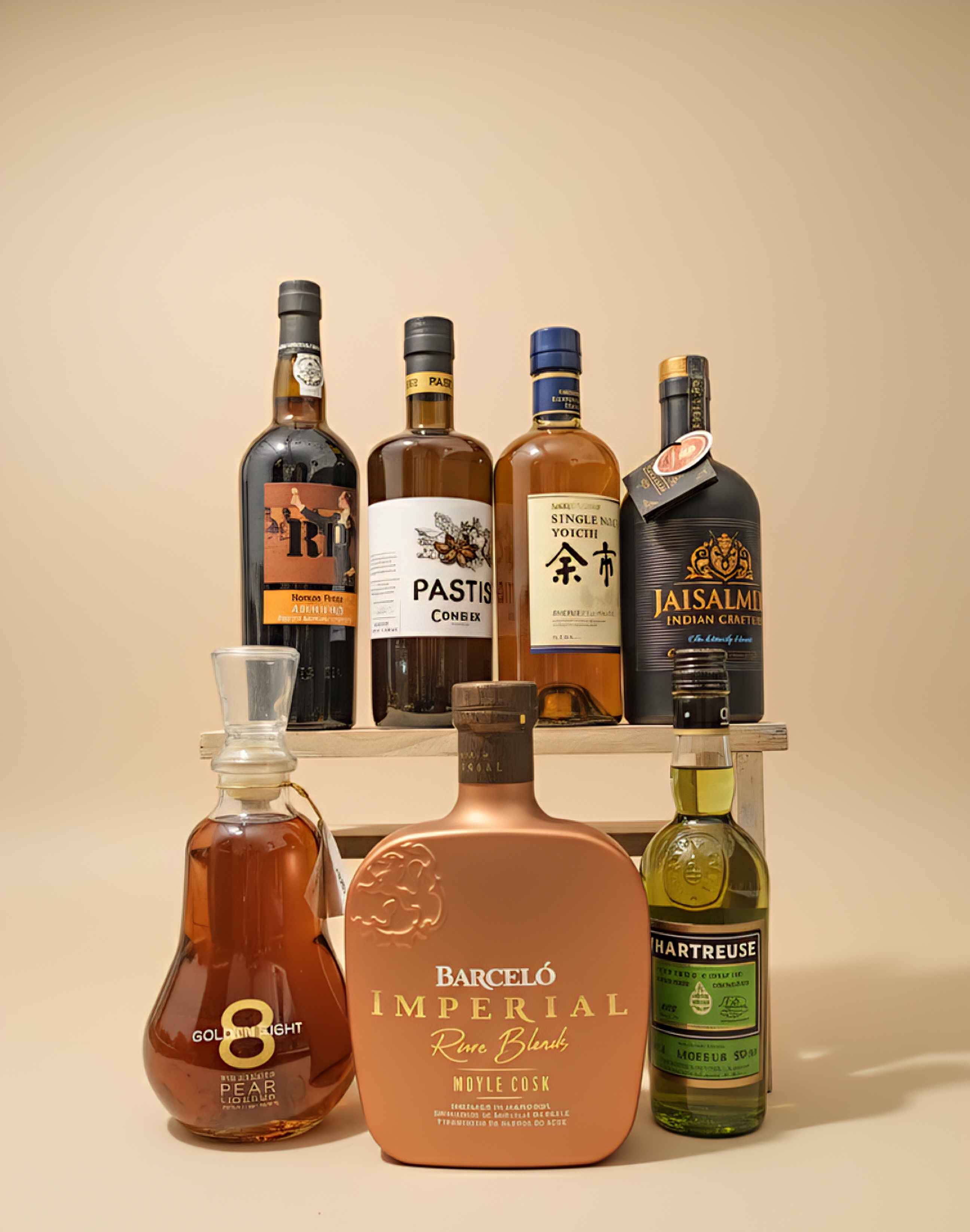 Sélection de spiritueux et liqueurs  : Rhum Barceló, Pastis, Gin Jaisalmer, Chartreuse et Porto de l'épicerie fine Maison Lhôte de Tours.