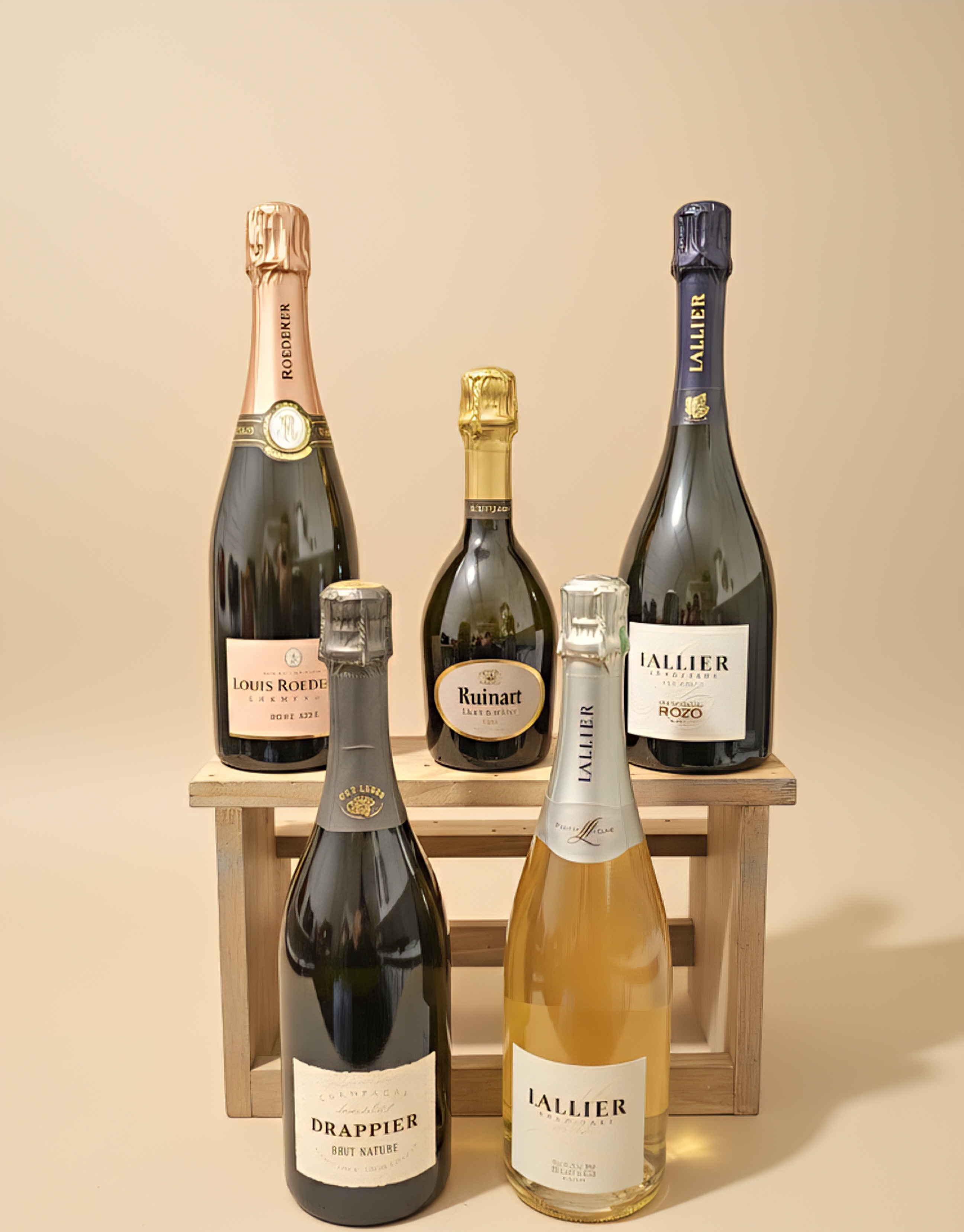 Sélection de Champagnes : Bouteilles de Brut, Rosé et Blanc de Blancs des maisons Louis Roederer, Ruinart et Drappier de l'épicerie fine Maison Lhôte de Tours.