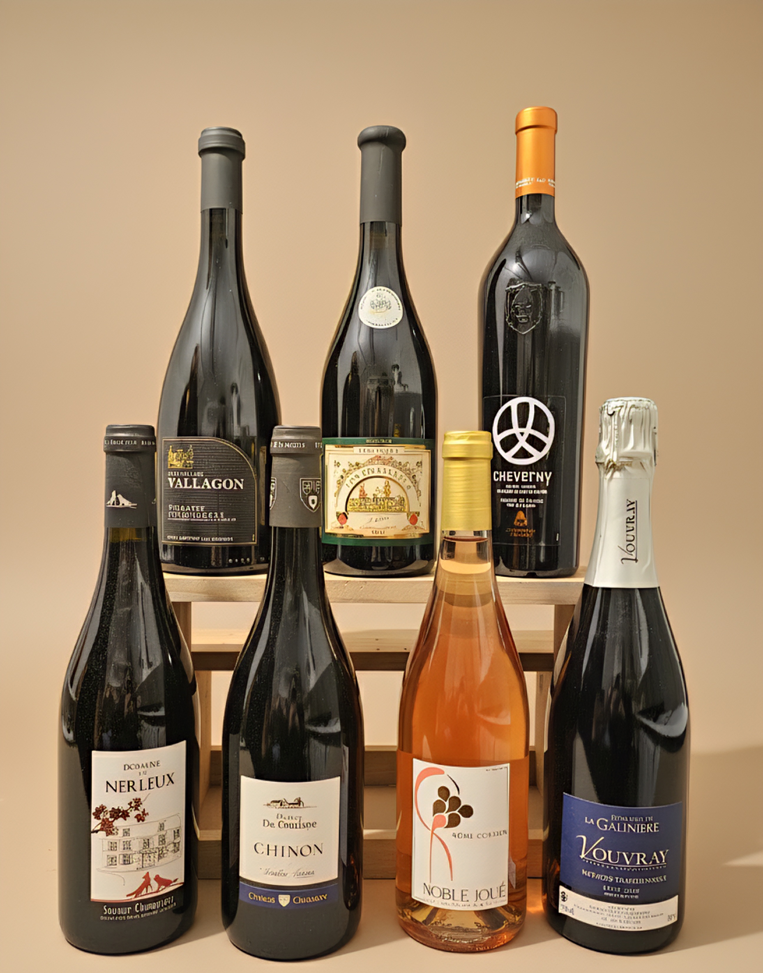 Sélection de Vins de Loire  : Bouteilles de Chinon, Vouvray, Cheverny, et vins mousseux de Touraine, disponibles à l'épicerie Maison Lhôtede Tours.