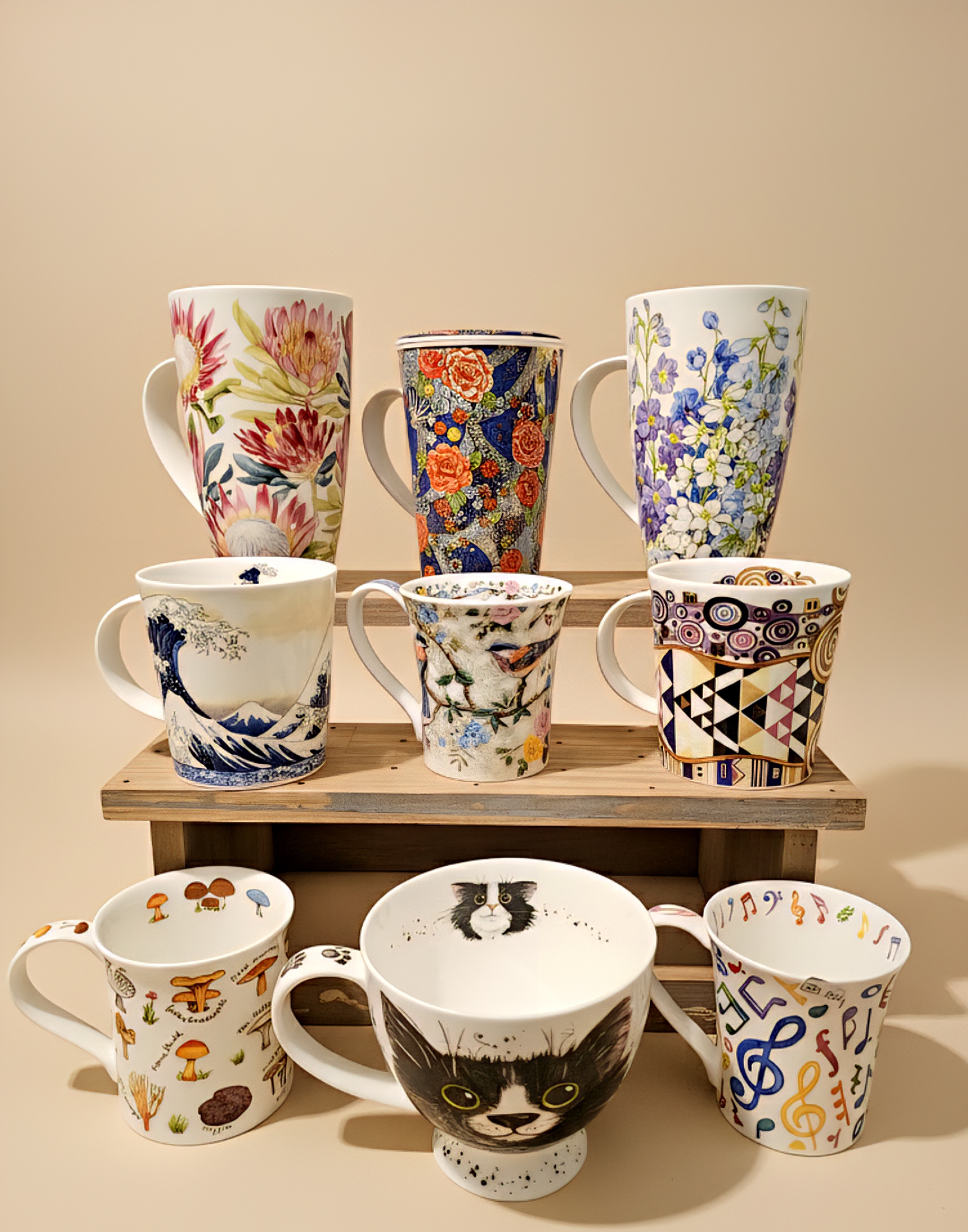 Vaisselle et accessoires pour boissons chaudes : mugs originaux et tasses à motifs artistiques pour thé ou café, disponibles à l'épicerie Maison Lhote à Tours.